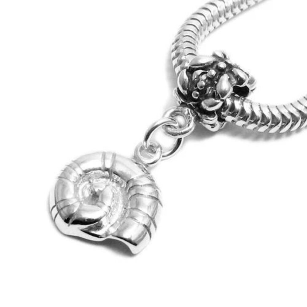 SNAIL SHELL CHARM WITH EURO BEAD. STERLING SILVER